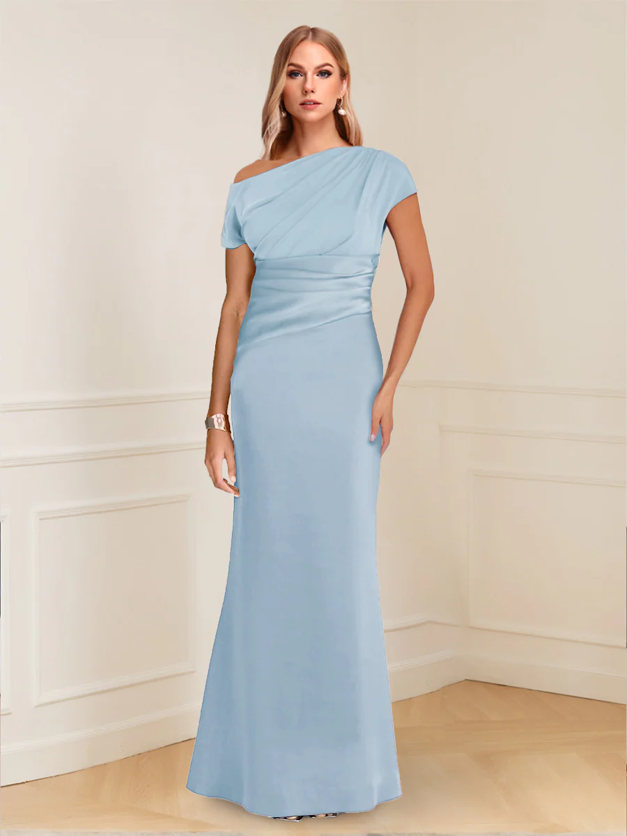 Sheath/Column Asymmetrical One-Shoulder Short Sleeves Mother of the Bride Dresses with Ruched - Image 26