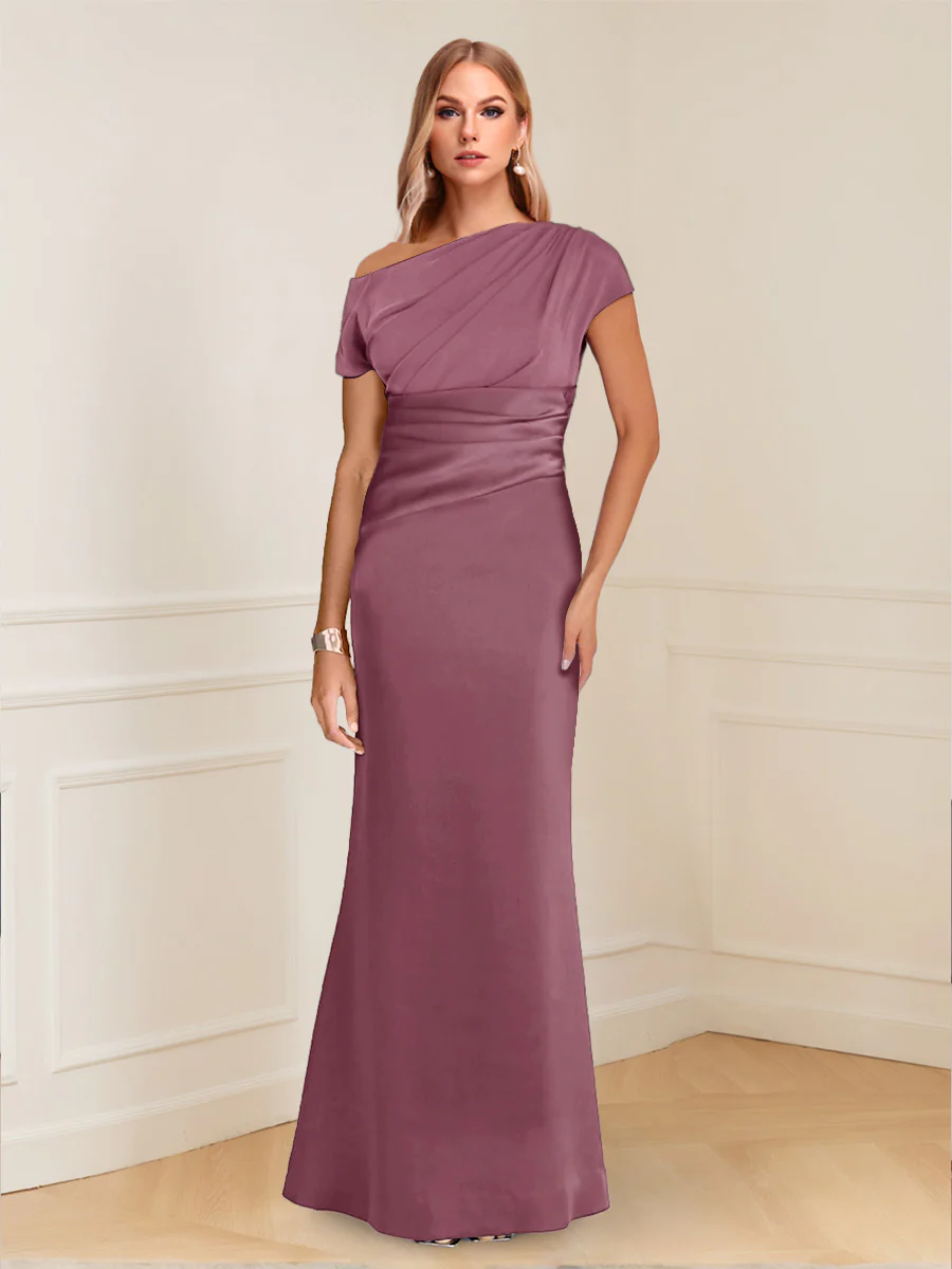 Sheath/Column Asymmetrical One-Shoulder Short Sleeves Mother of the Bride Dresses with Ruched - Image 35