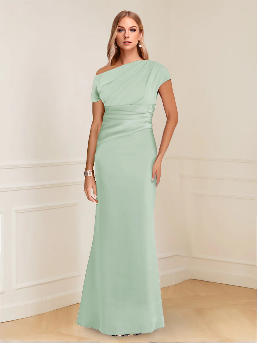 Sheath/Column Asymmetrical One-Shoulder Short Sleeves Mother of the Bride Dresses with Ruched - Image 52