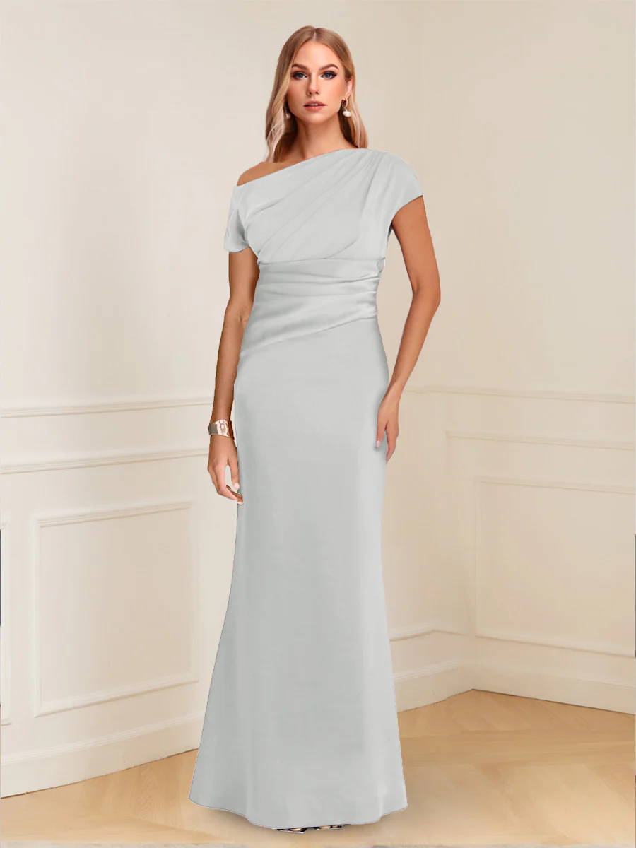 Sheath/Column Asymmetrical One-Shoulder Short Sleeves Mother of the Bride Dresses with Ruched - Image 54