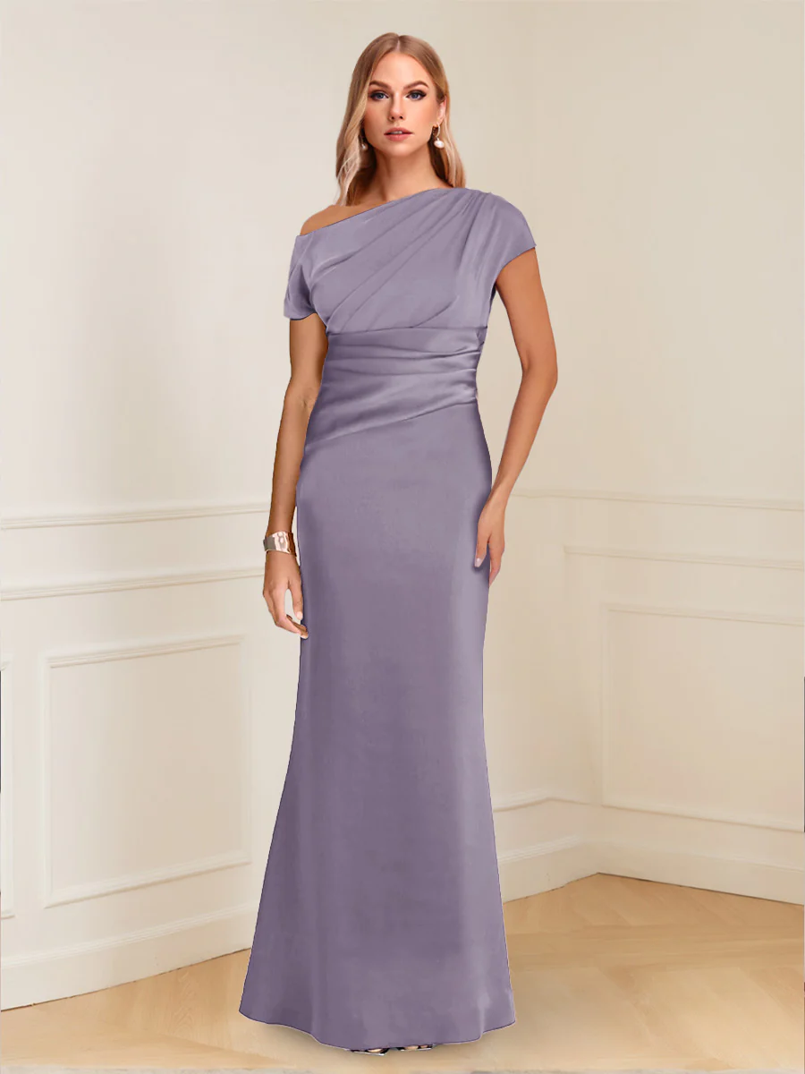 Sheath/Column Asymmetrical One-Shoulder Short Sleeves Mother of the Bride Dresses with Ruched - Image 62