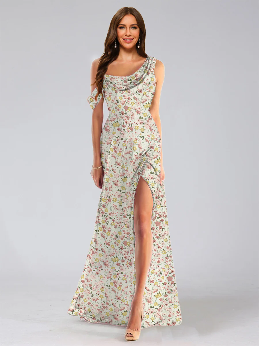 Sheath/Column Asymmetrical Sleeveless Ruched Floral Bridesmaid Dresses - Image 3