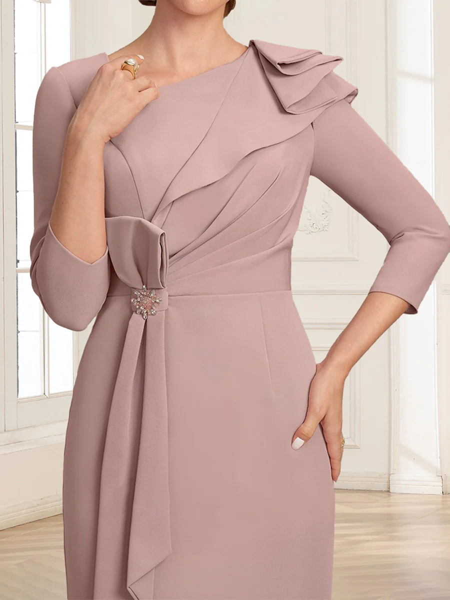 Sheath/Column Asymmetrical V-neck 3/4 Sleeves Tea-Length Mother of the Bride Dresses with Pleats & Beading - Image 4