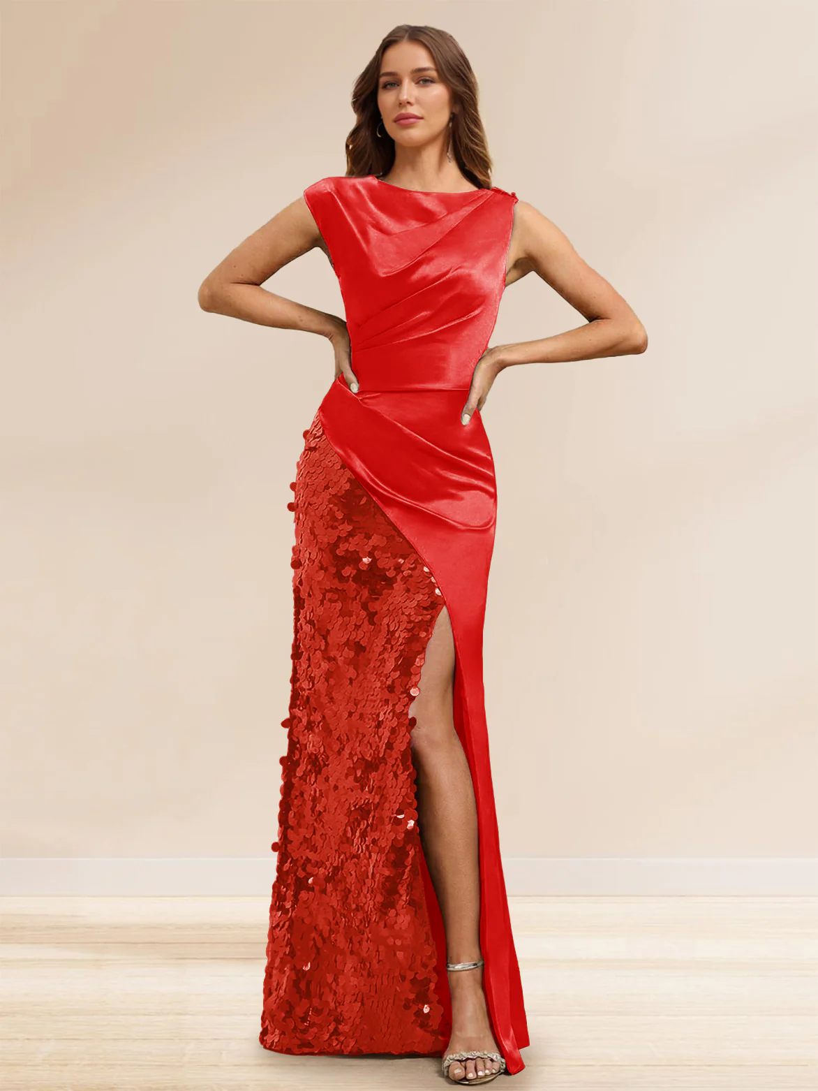 Sheath/Column Boat Neck Floor-Length Evening Dresses with Sequins & Split Side - Image 15
