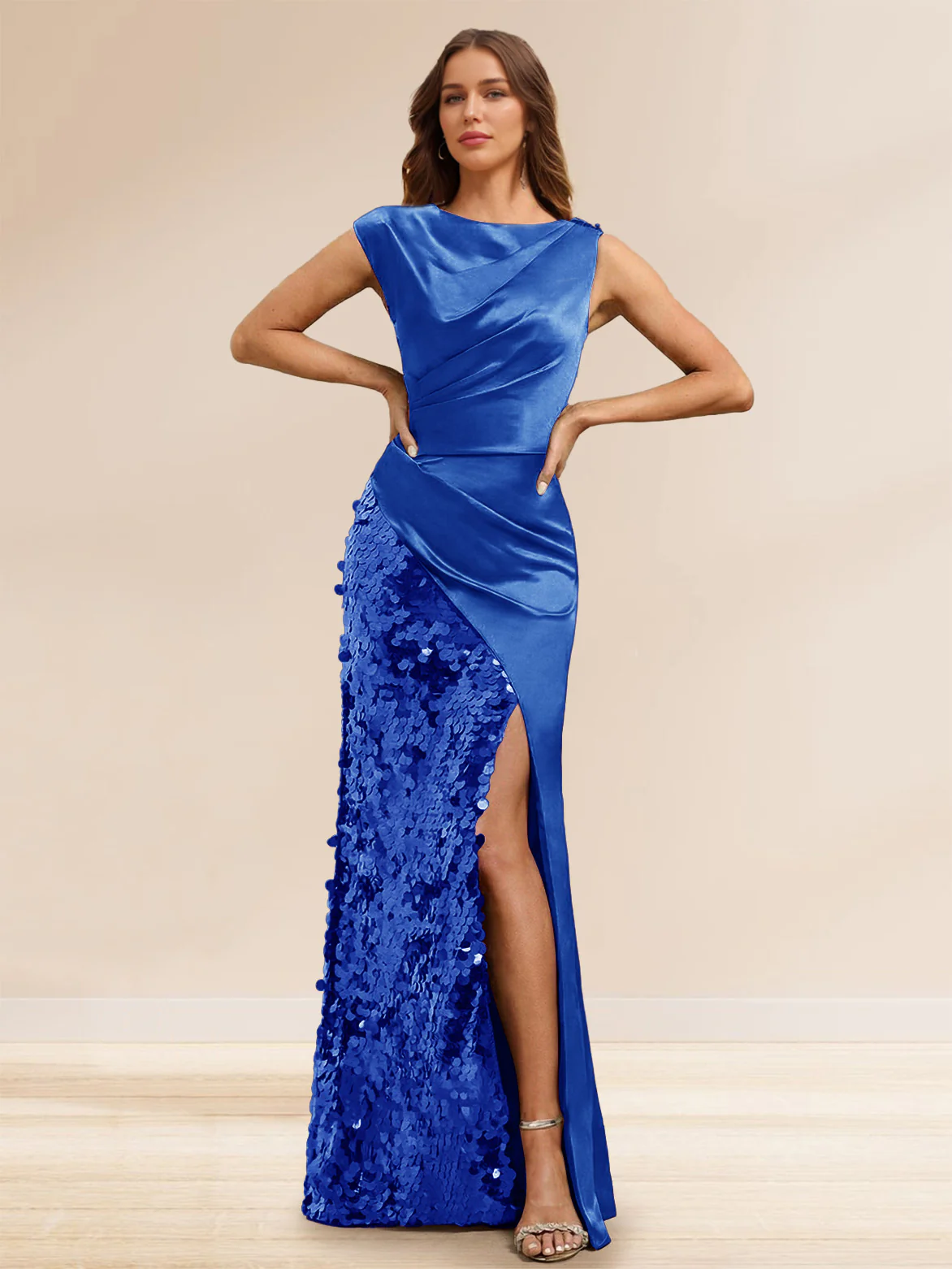 Sheath/Column Boat Neck Floor-Length Evening Dresses with Sequins & Split Side - Image 16