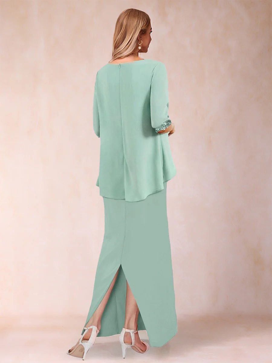 Sheath/Column Chiffon Scoop Half Sleeves 2 Pieces with Split Side - Image 2