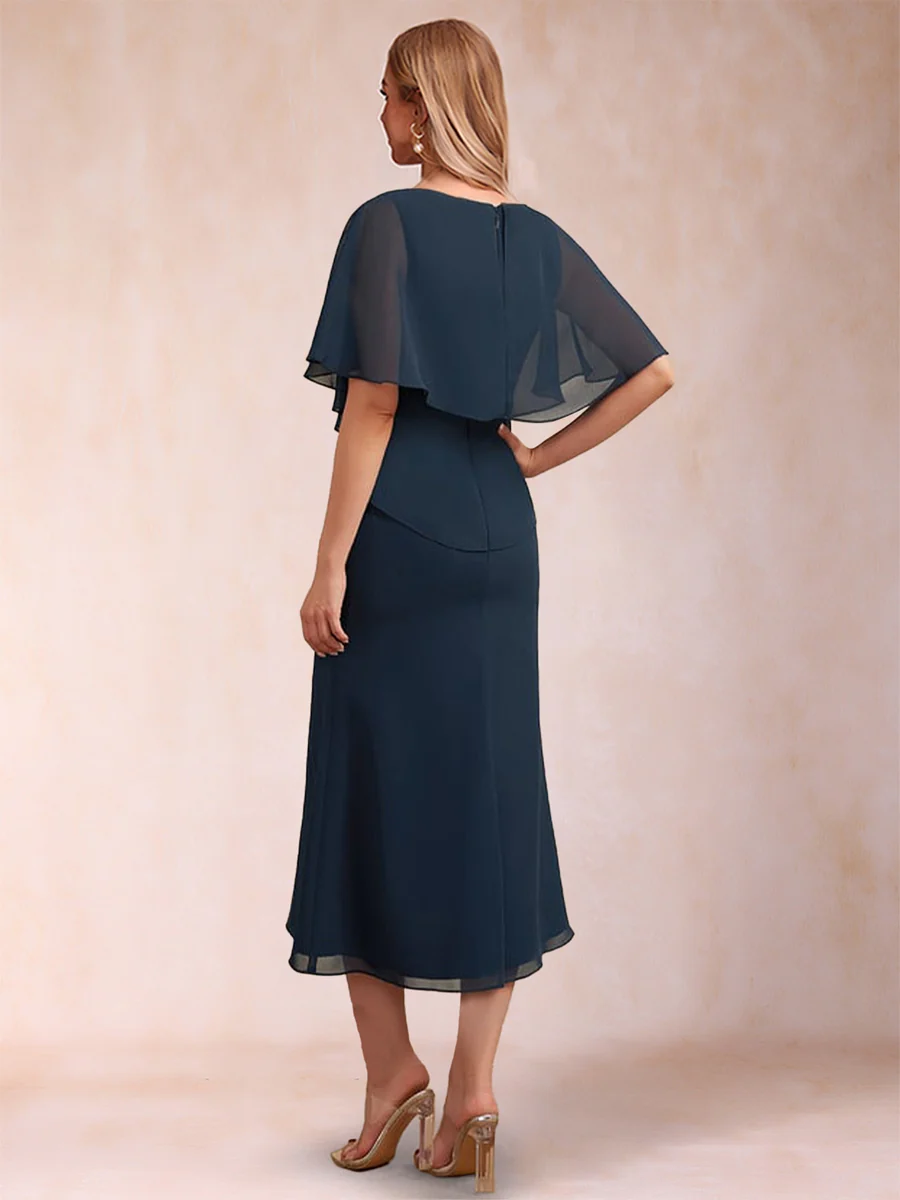 Sheath/Column Chiffon Scoop Half Sleeves Ruched Mother of the Bride Dresses - Image 2