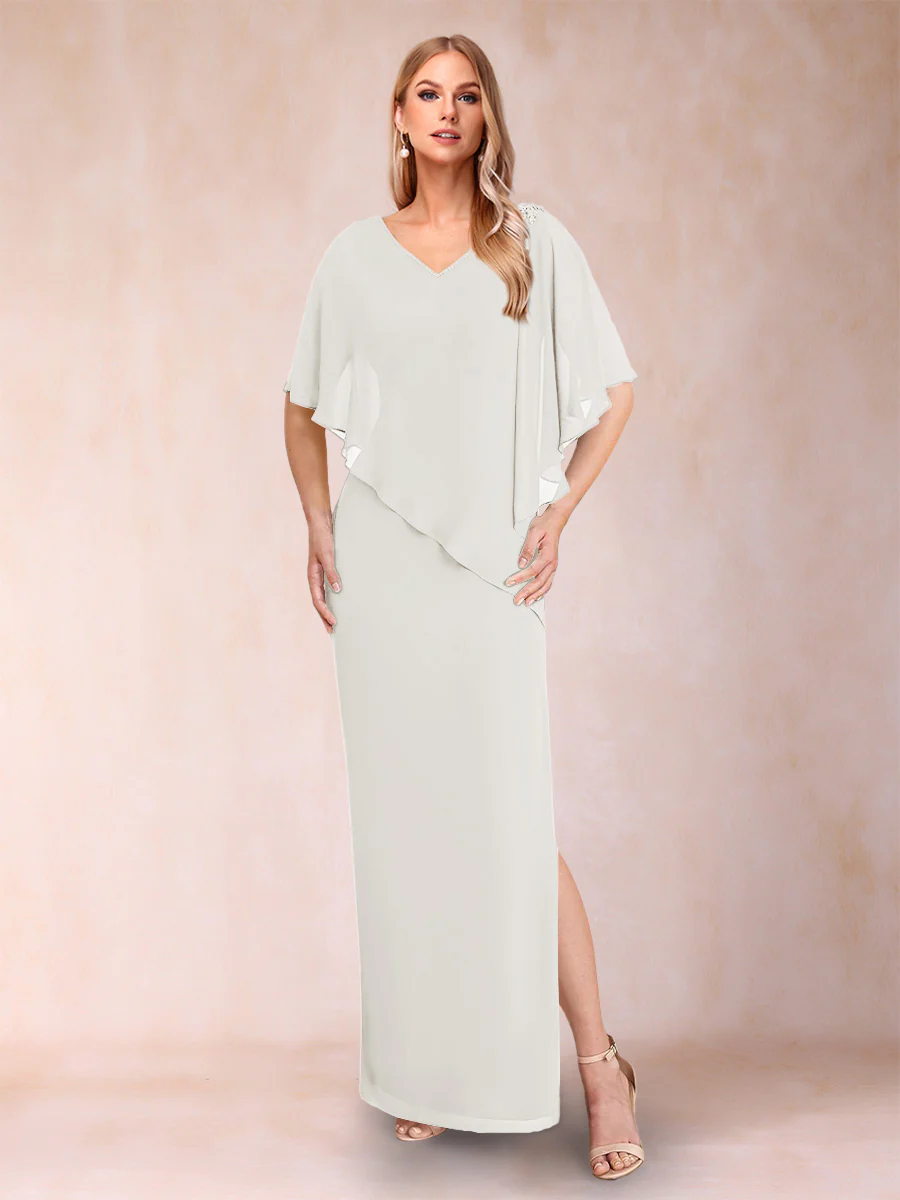 Sheath/Column Chiffon V-Neck Half Sleeves Mother of the Bride Dresses with Split Side - Image 28