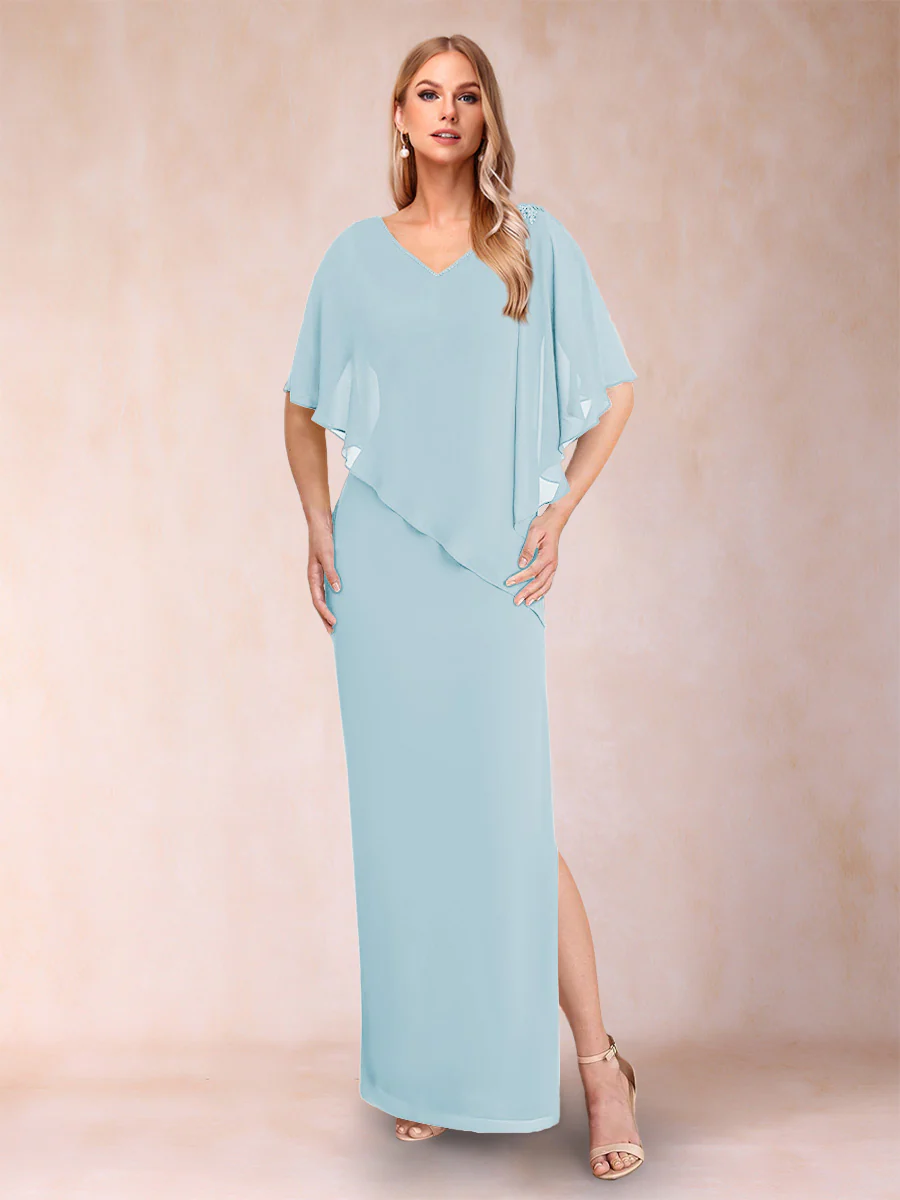Sheath/Column Chiffon V-Neck Half Sleeves Mother of the Bride Dresses with Split Side - Image 30