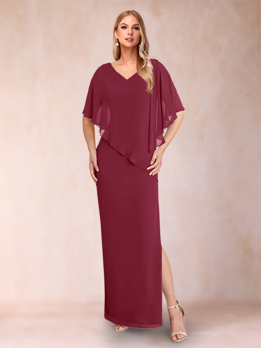 Sheath/Column Chiffon V-Neck Half Sleeves Mother of the Bride Dresses with Split Side - Image 31