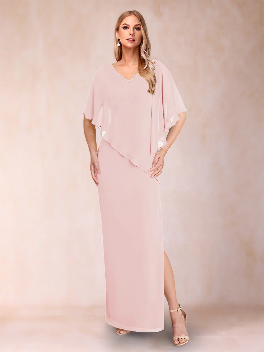 Sheath/Column Chiffon V-Neck Half Sleeves Mother of the Bride Dresses with Split Side - Image 33