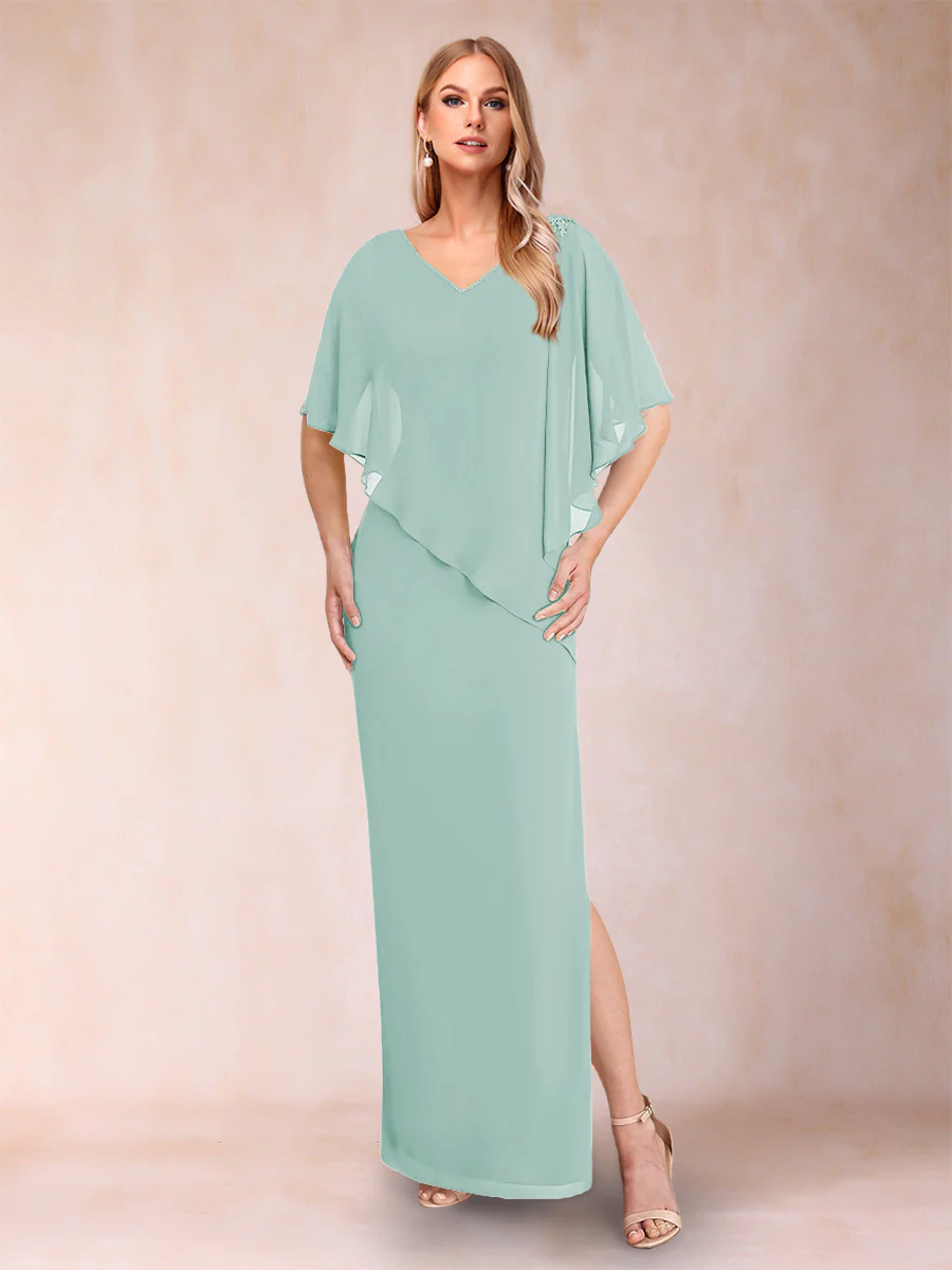 Sheath/Column Chiffon V-Neck Half Sleeves Mother of the Bride Dresses with Split Side - Image 40