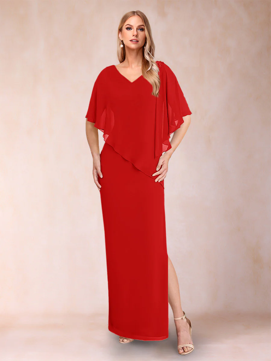 Sheath/Column Chiffon V-Neck Half Sleeves Mother of the Bride Dresses with Split Side - Image 54
