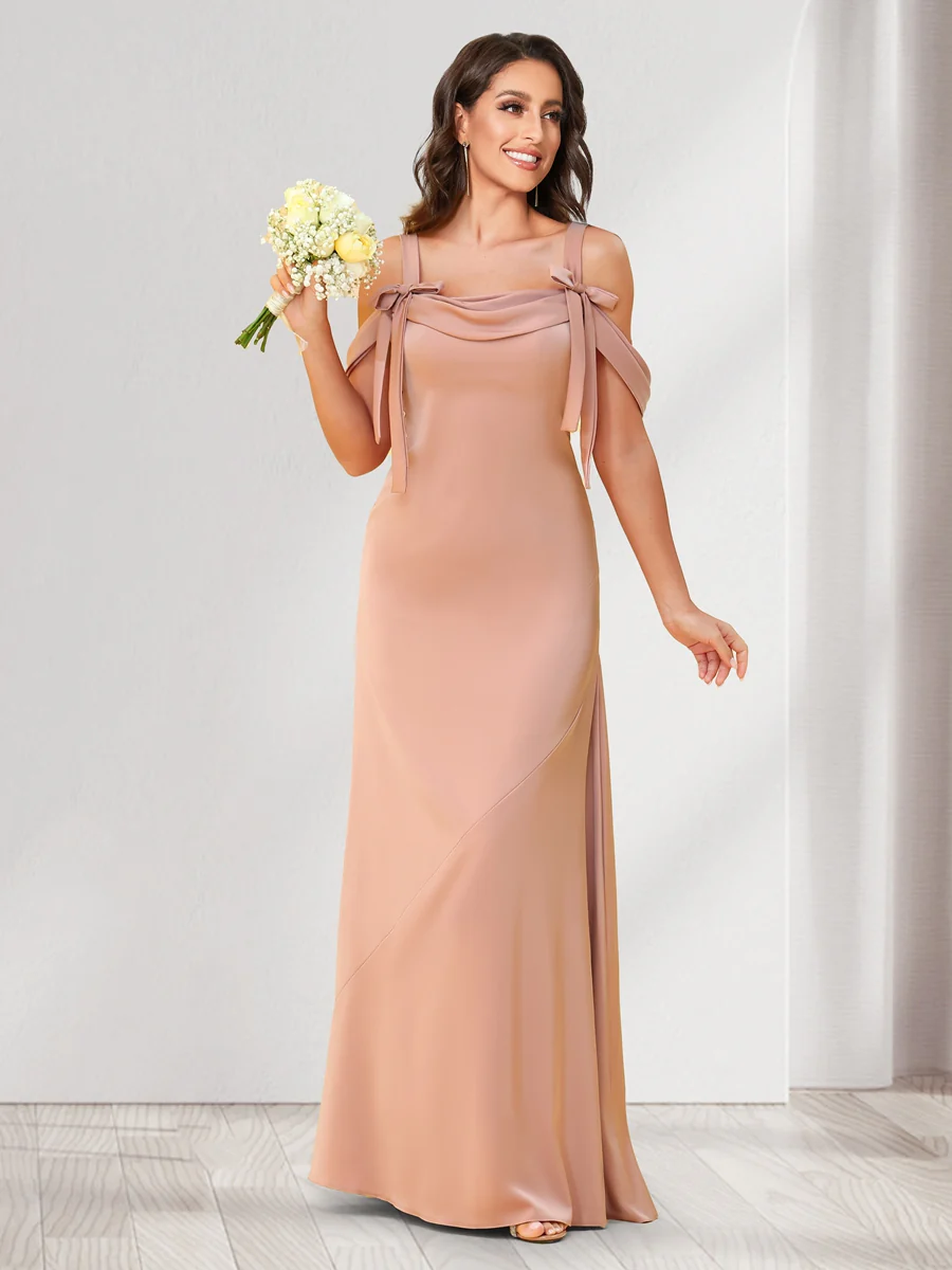 Sheath/Column Cold Shoulder Floor-Length Bridesmaid Dresses with Bowknots - Image 6