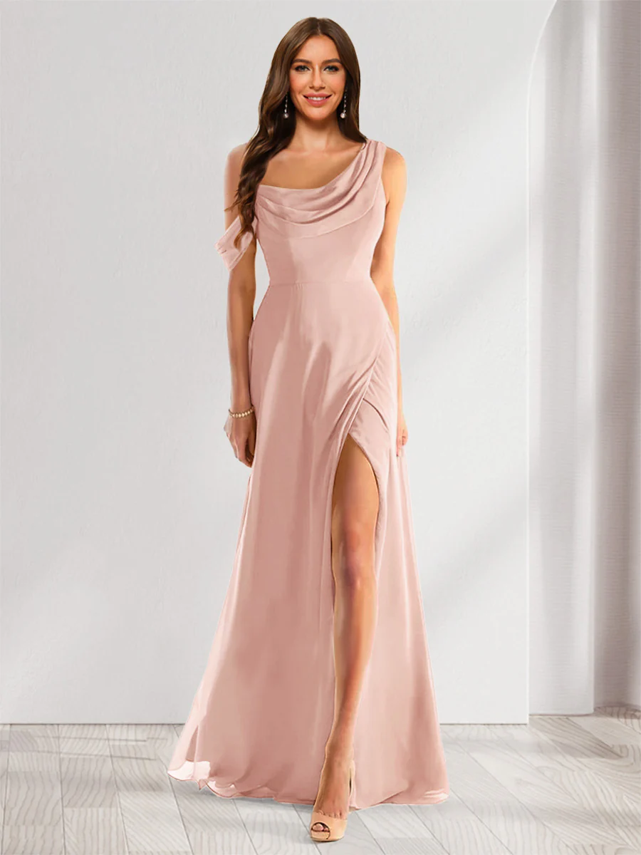 Sheath/Column Cowl Neck Sleeveless Floor-Length Chiffon Bridesmaid Dresses with Split Side - Image 7