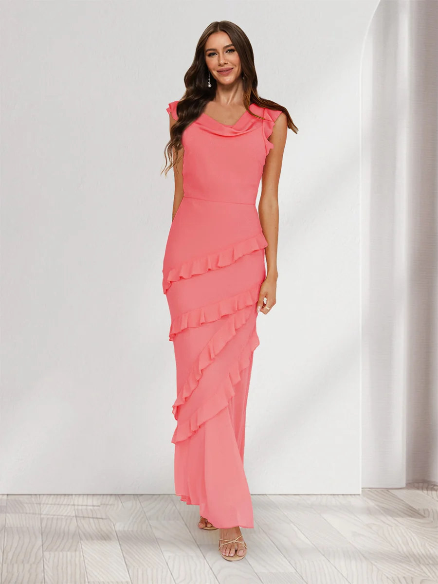 Sheath/Column Cowl Neck Sleeveless Ruffle Maxi Dresses Long Bridesmaid Dresses - Image 18
