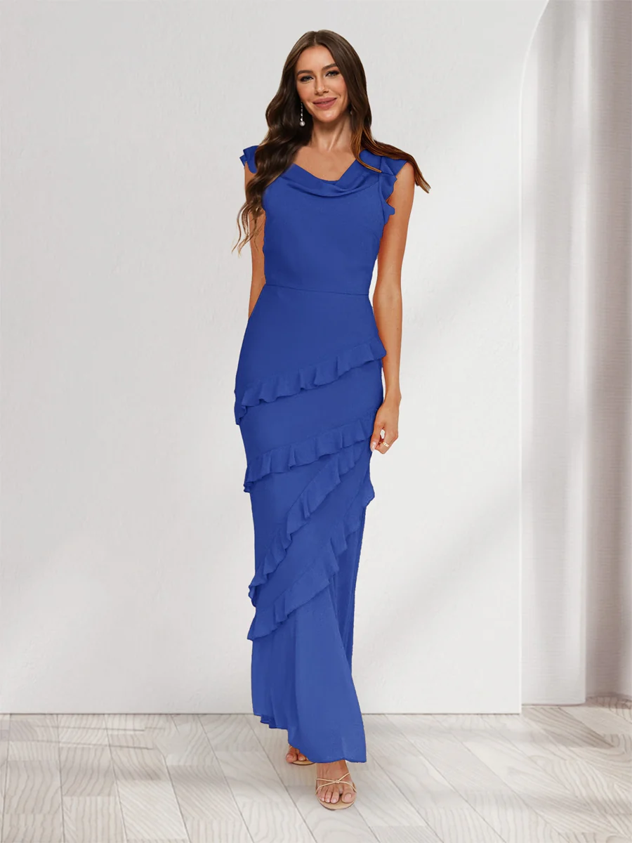 Sheath/Column Cowl Neck Sleeveless Ruffle Maxi Dresses Long Bridesmaid Dresses - Image 38