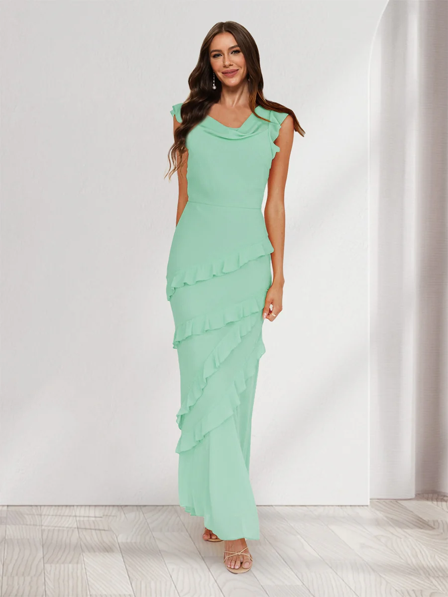 Sheath/Column Cowl Neck Sleeveless Ruffle Maxi Dresses Long Bridesmaid Dresses - Image 41