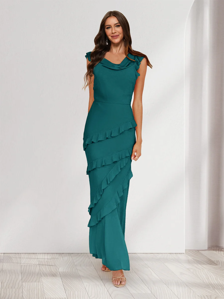 Sheath/Column Cowl Neck Sleeveless Ruffle Maxi Dresses Long Bridesmaid Dresses - Image 50