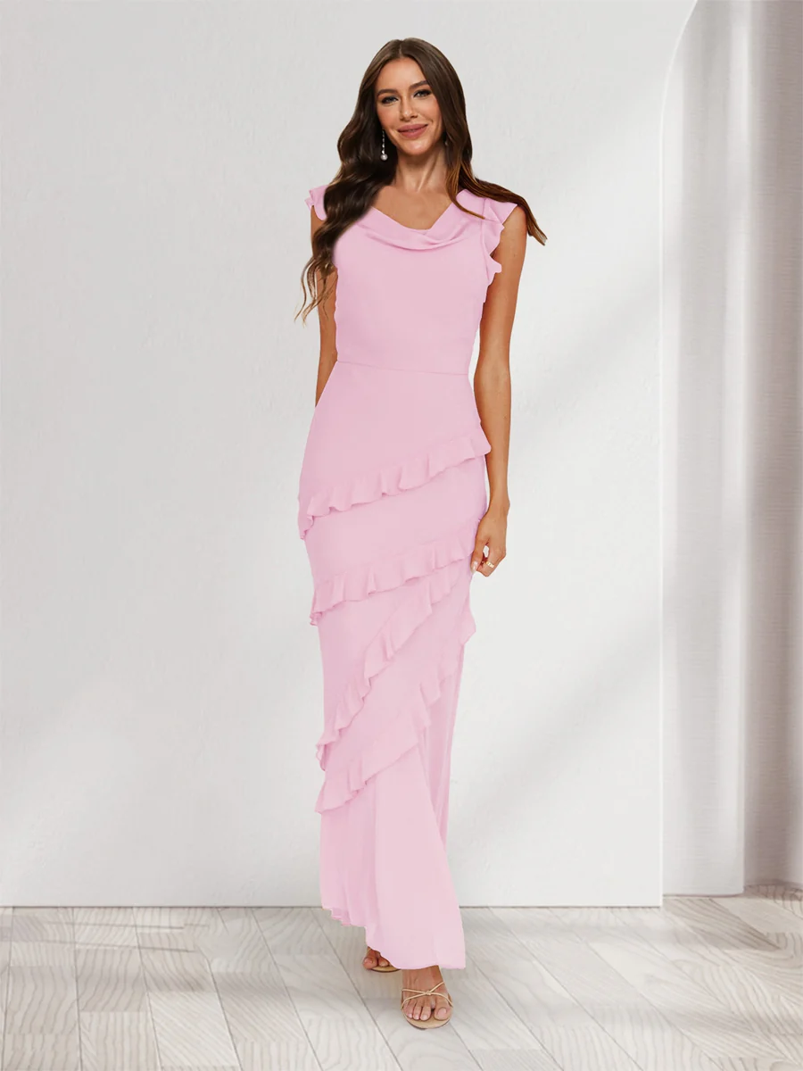 Sheath/Column Cowl Neck Sleeveless Ruffle Maxi Dresses Long Bridesmaid Dresses - Image 52