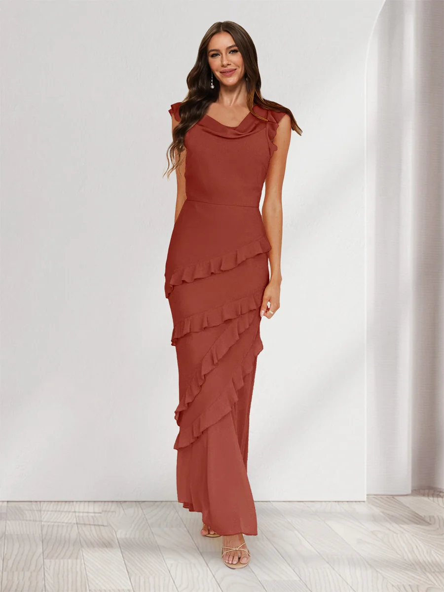 Sheath/Column Cowl Neck Sleeveless Ruffle Maxi Dresses Long Bridesmaid Dresses - Image 57