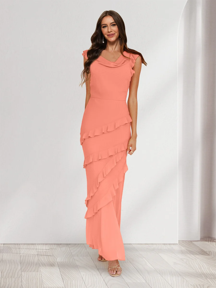 Sheath/Column Cowl Neck Sleeveless Ruffle Maxi Dresses Long Bridesmaid Dresses - Image 59