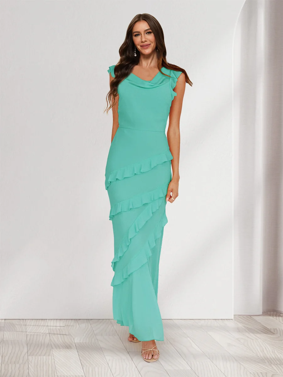 Sheath/Column Cowl Neck Sleeveless Ruffle Maxi Dresses Long Bridesmaid Dresses - Image 63