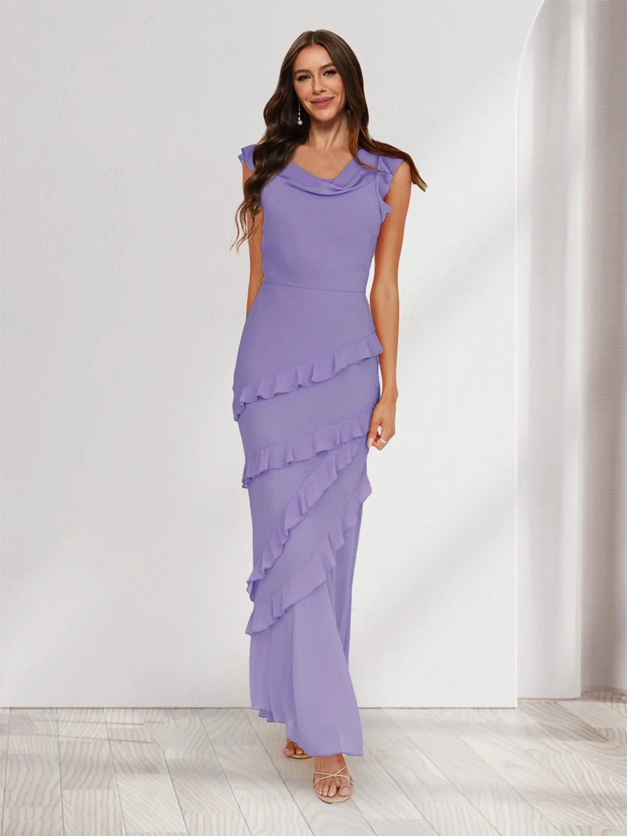 Sheath/Column Cowl Neck Sleeveless Ruffle Maxi Dresses Long Bridesmaid Dresses - Image 71