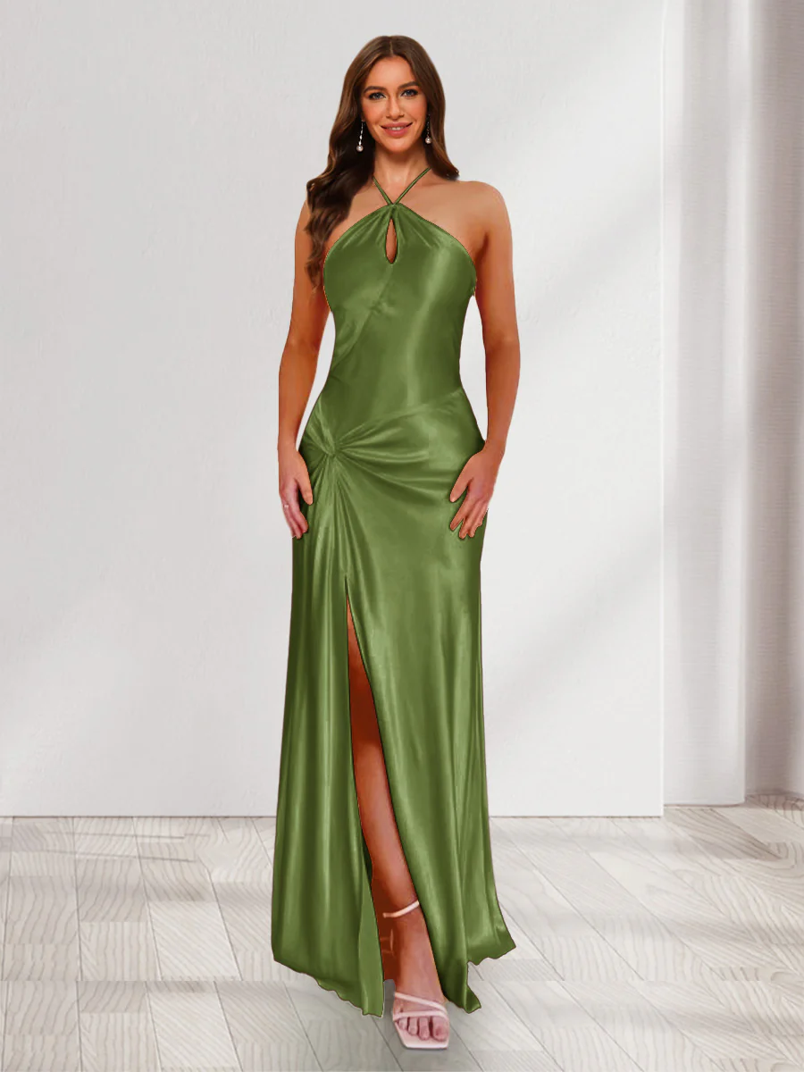 Sheath/Column Halter Keyhole Ruched Long Bridesmaid Dresses with Split Side - Image 33