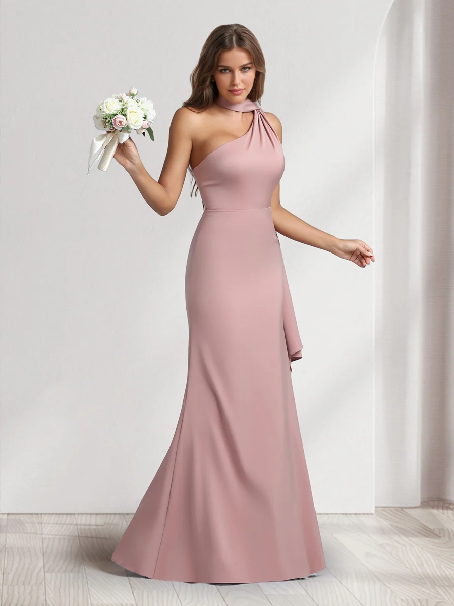 Sheath/Column Halter Maxi Dresses Long Bridesmaid Dresses with Neck Scarf - Image 5