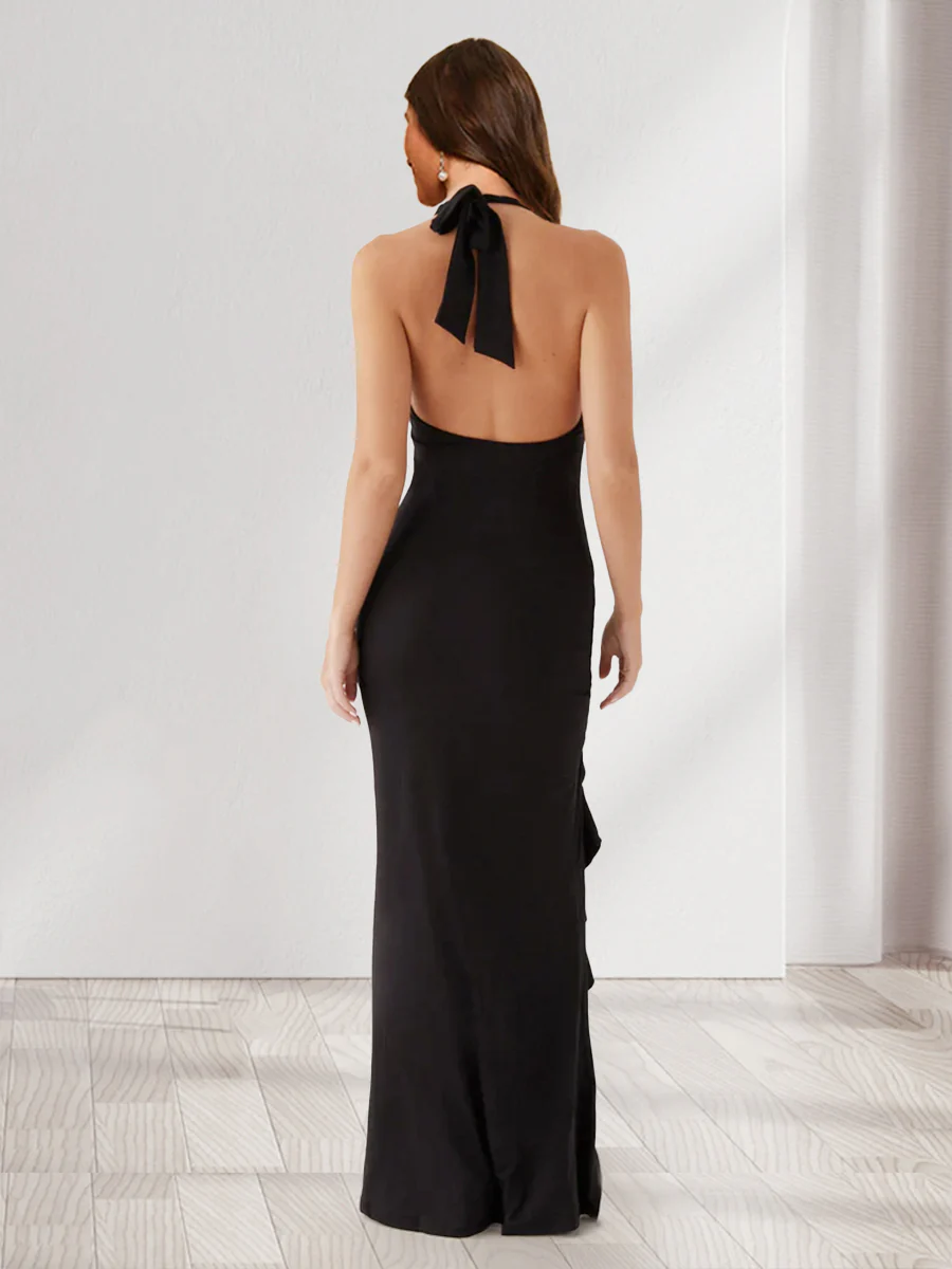 Sheath/Column Halter Ruffle Long Bridesmaid Dresses with Split Side - Image 2