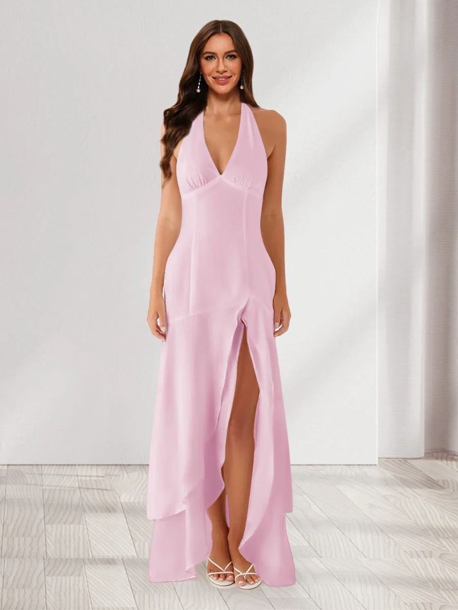 Sheath/Column Halter Ruffle Maxi Dresses Long Bridesmaid Dresses with Split Side - Image 26