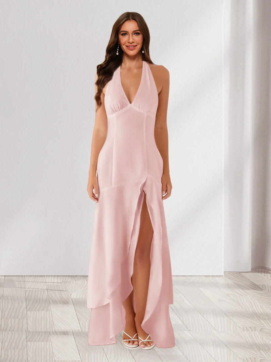 Sheath/Column Halter Ruffle Maxi Dresses Long Bridesmaid Dresses with Split Side - Image 54