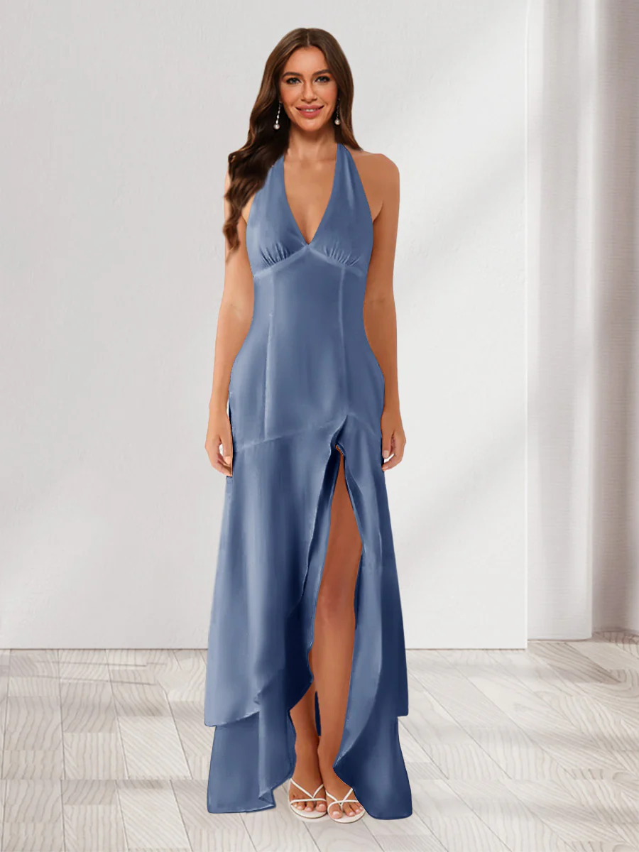 Sheath/Column Halter Ruffle Maxi Dresses Long Bridesmaid Dresses with Split Side - Image 65