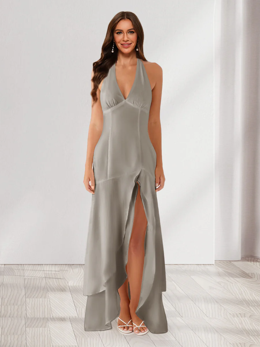 Sheath/Column Halter Ruffle Maxi Dresses Long Bridesmaid Dresses with Split Side - Image 67