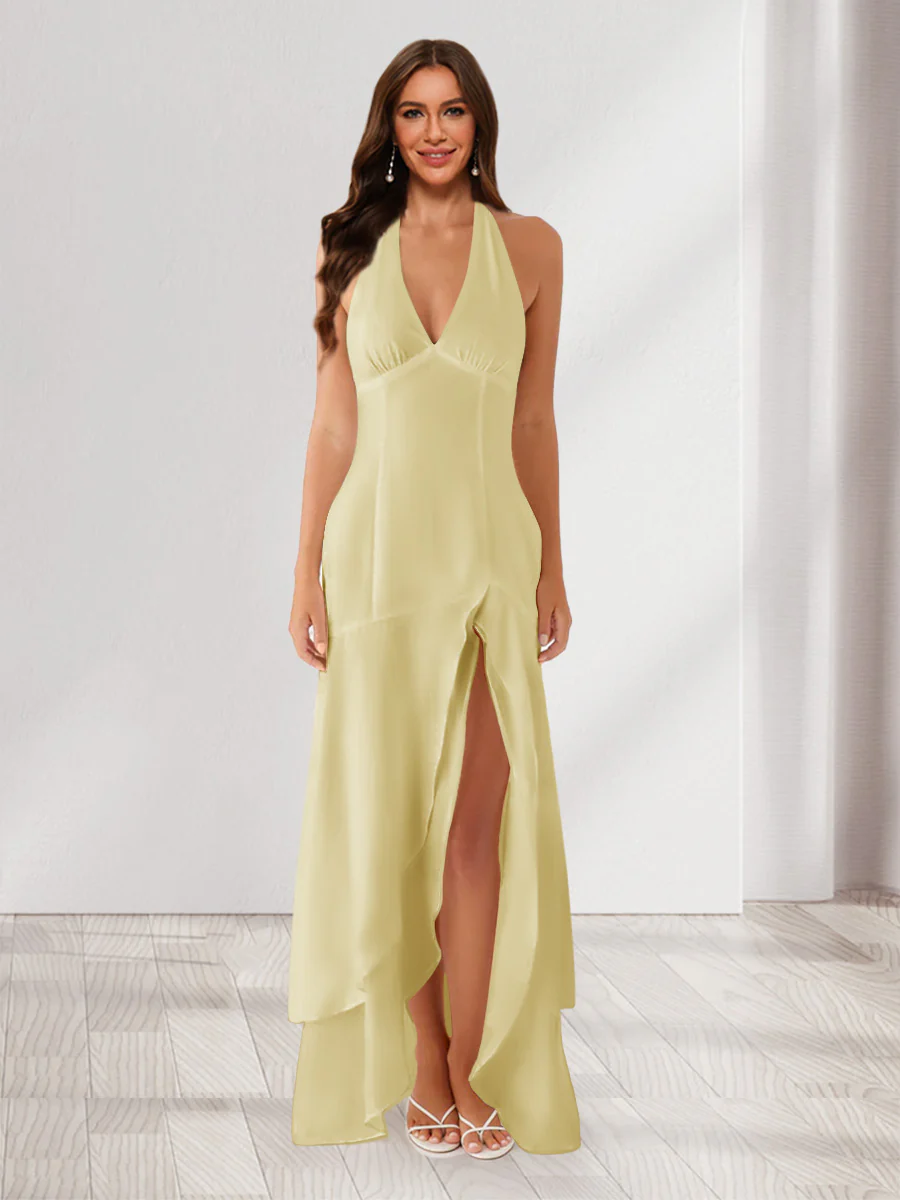 Sheath/Column Halter Ruffle Maxi Dresses Long Bridesmaid Dresses with Split Side - Image 73