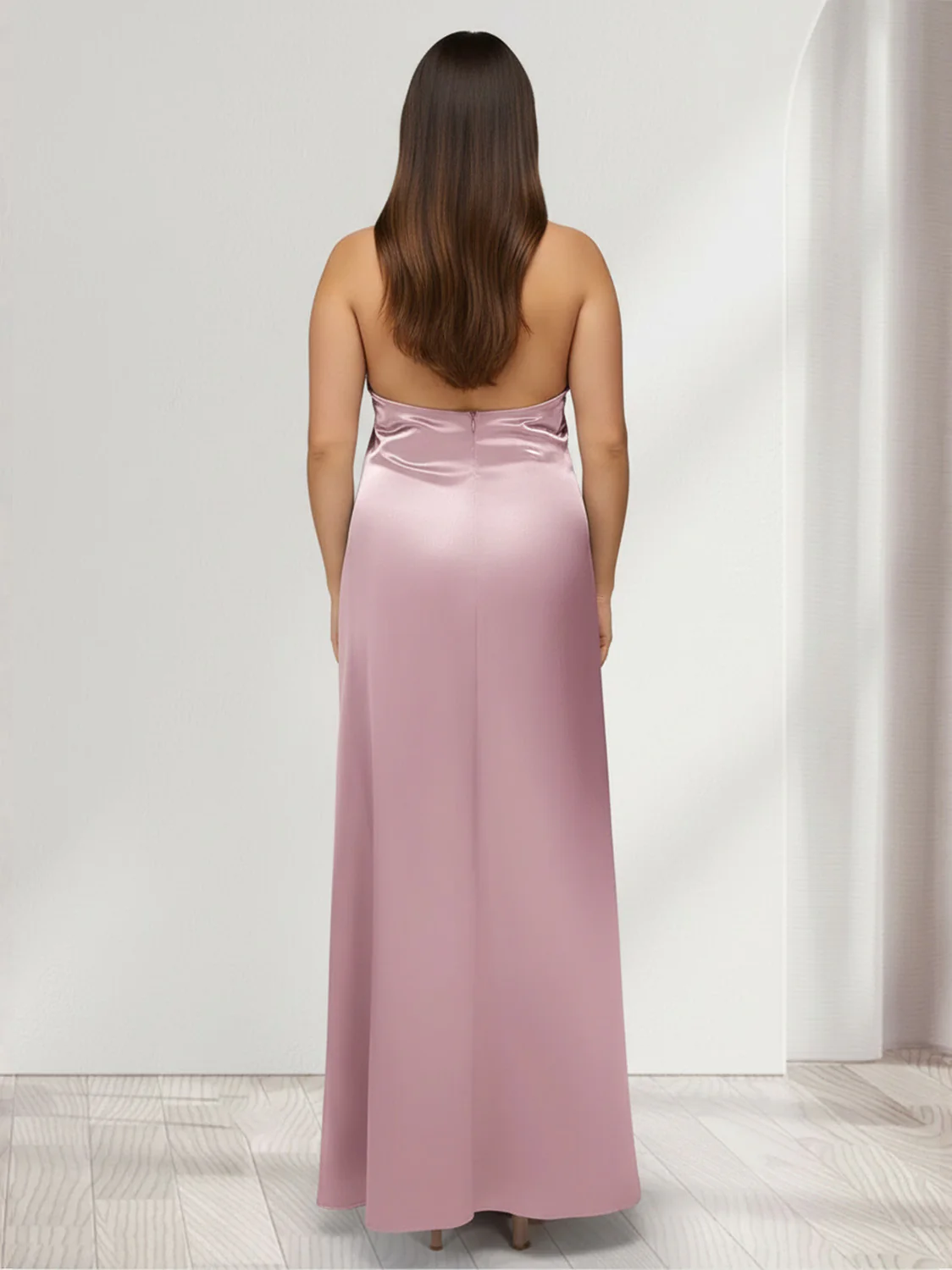 Sheath/Column Halter Sleeveless Ankle-Length Plus Size Bridesmaid Dresses with Ruched - Image 2