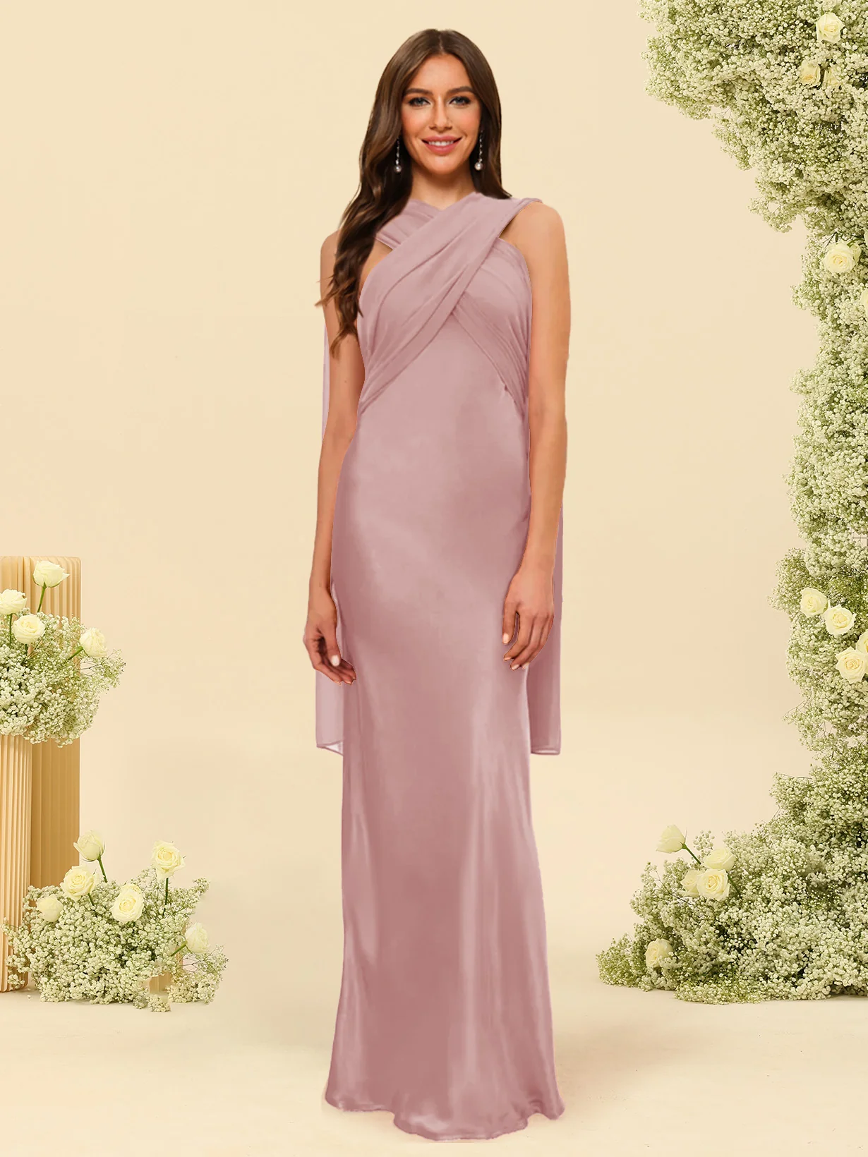 Sheath/Column Halter Sleeveless Floor-Length Lace-Up Bridesmaid Dresses - Image 15