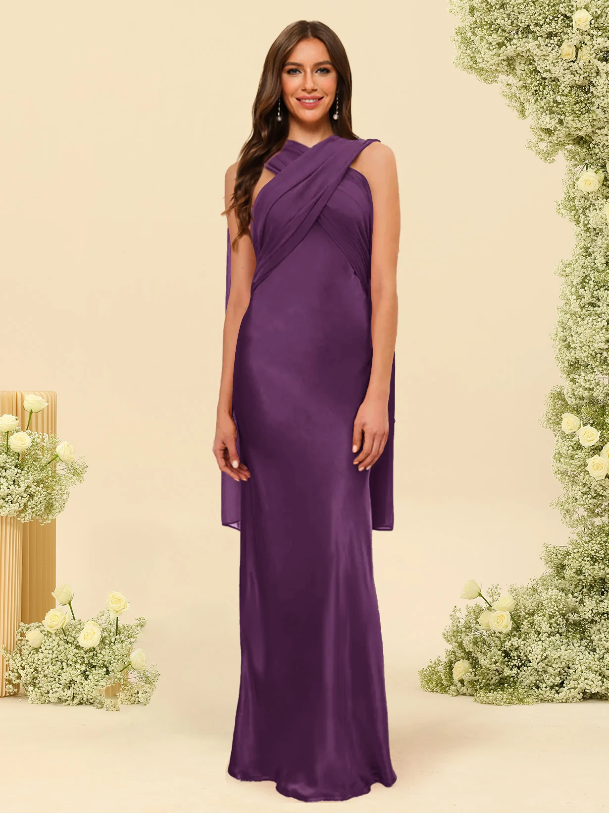 Sheath/Column Halter Sleeveless Floor-Length Lace-Up Bridesmaid Dresses - Image 22