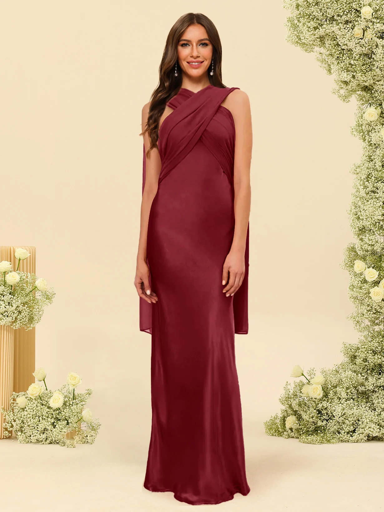 Sheath/Column Halter Sleeveless Floor-Length Lace-Up Bridesmaid Dresses - Image 29