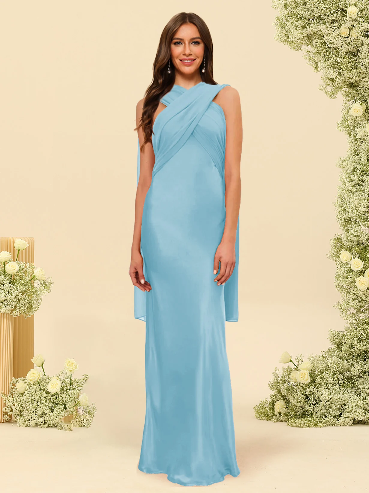 Sheath/Column Halter Sleeveless Floor-Length Lace-Up Bridesmaid Dresses - Image 56
