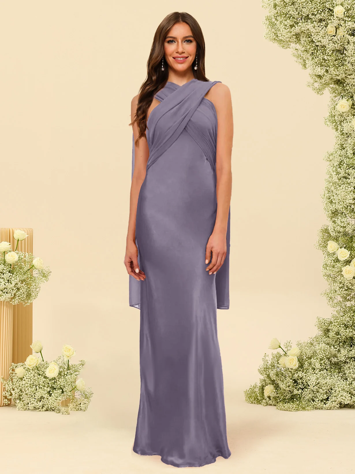 Sheath/Column Halter Sleeveless Floor-Length Lace-Up Bridesmaid Dresses - Image 62
