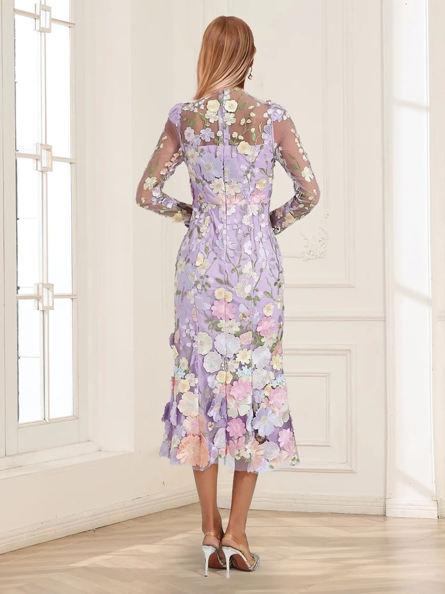 Sheath/Column High Neck Tea-Length Long Sleeves Floral Mother of the Bride Dresses with Appliques - Image 2