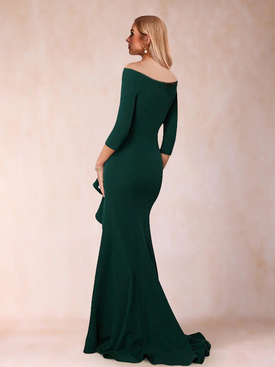 Sheath/Column Off-the-Shoulder 3/4 Sleeves Mother of the Bride Dresses with Ruffles - Image 2