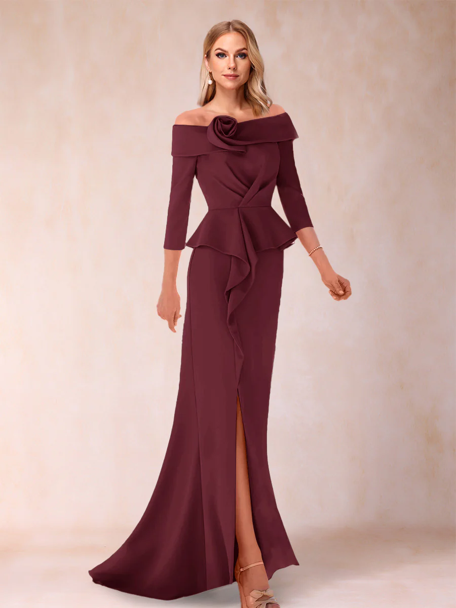 Sheath/Column Off-the-Shoulder Floor-Length Mother of the Bride Dresses With Ruffles & Split Side - Image 26