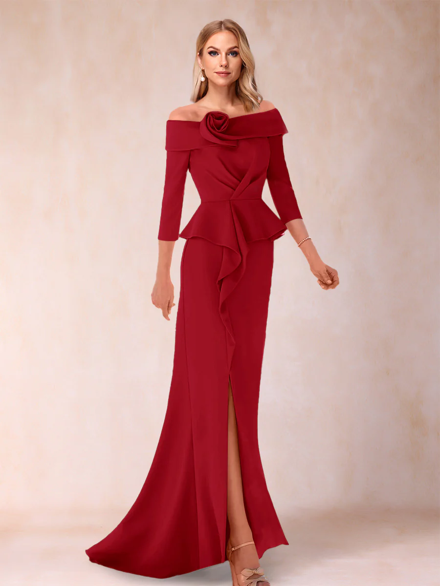 Sheath/Column Off-the-Shoulder Floor-Length Mother of the Bride Dresses With Ruffles & Split Side - Image 50