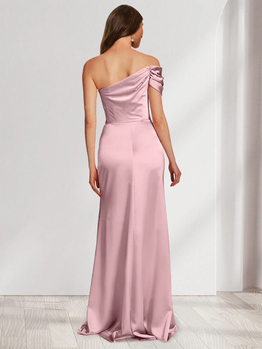 Sheath/Column Off-the-Shoulder Floor-Length Ruched Bridesmaid Dresses With Split Side - Image 2