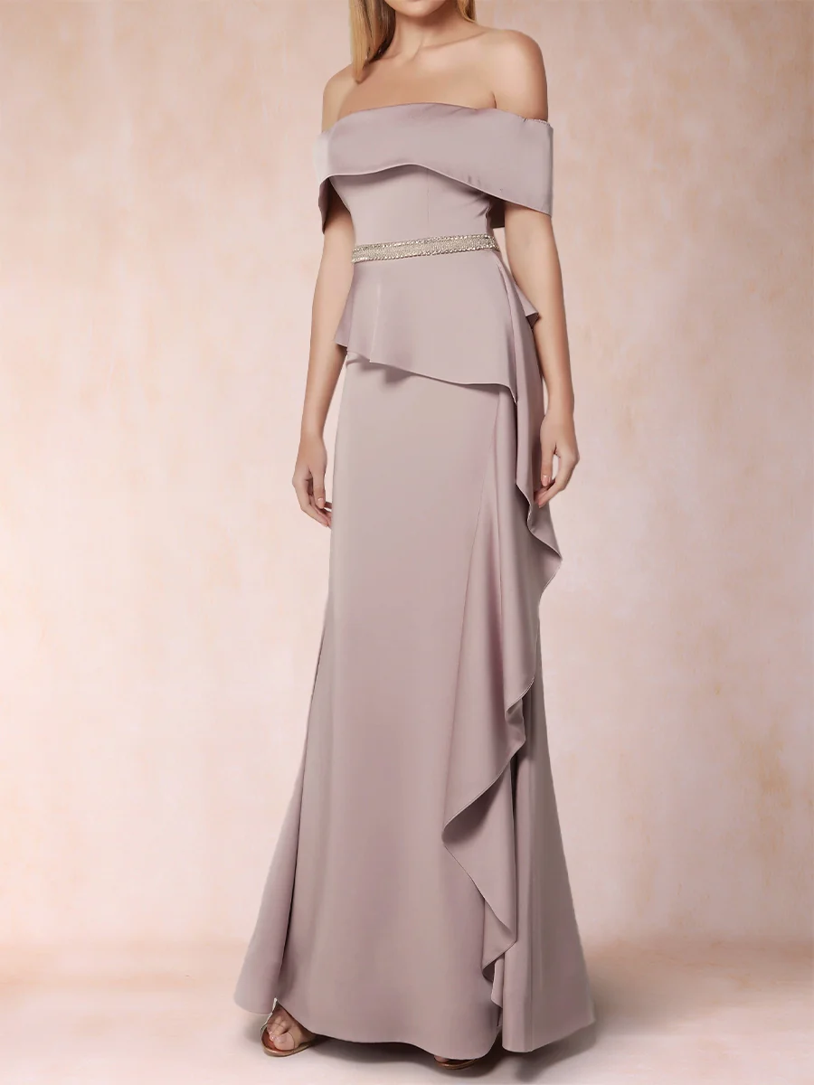 Sheath/Column Off-the-Shoulder Mother of the Bride Dresses with Rhinestone & Ruffles - Image 3