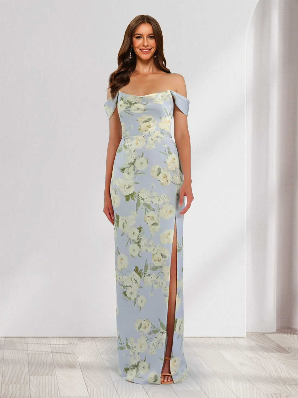 Sheath/Column Off-the-Shoulder Printed Floral Bridesmaid Dresses with Split Side - Image 4