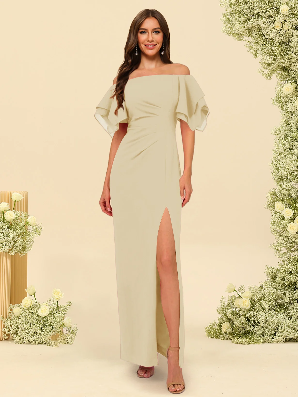 Sheath/Column Off-the-Shoulder Short Sleeves Bridesmaid Dresses with Split Side - Image 10